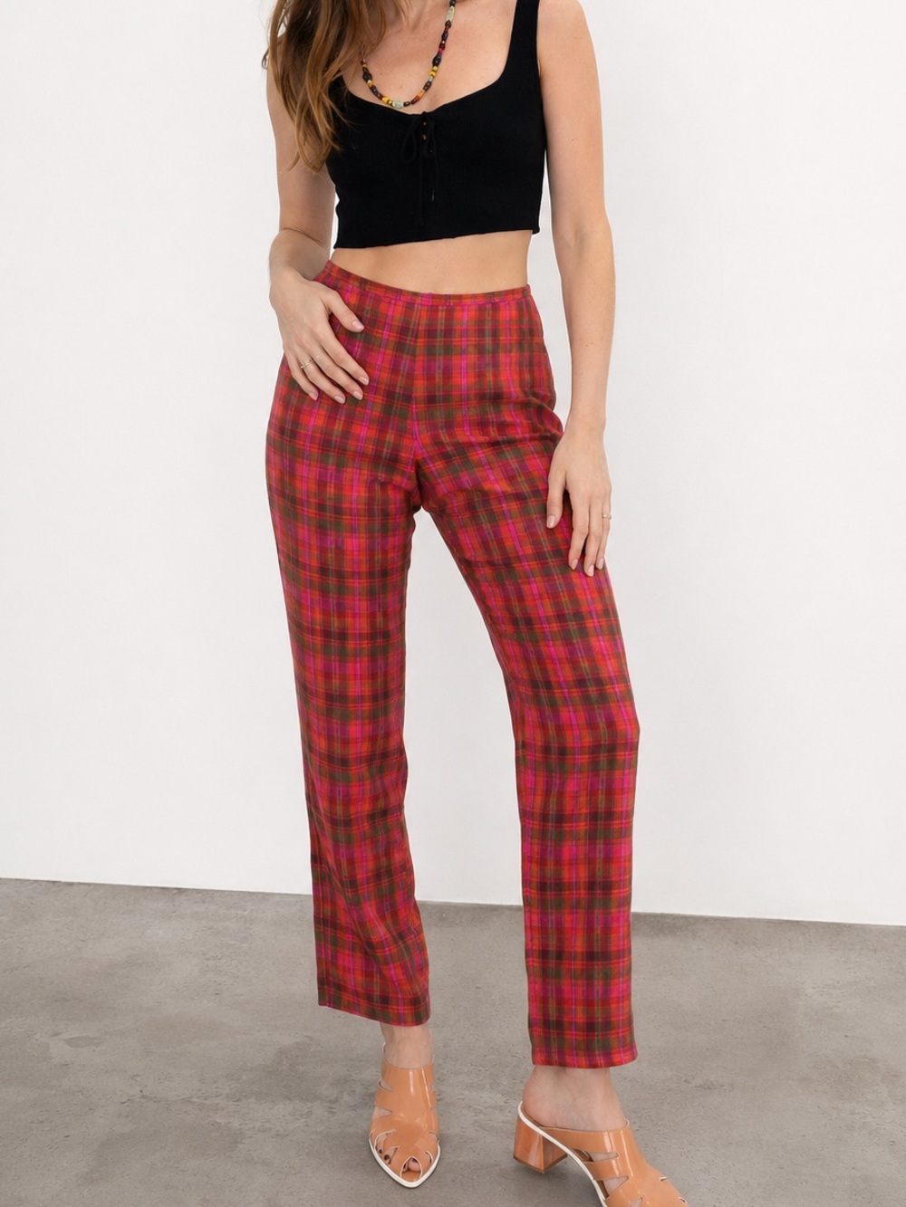 Vintage Madison Studio 100% Linen Pink Plaid Trousers | Size 4 (Fits Modern 0)